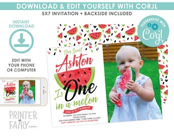 One in a Melon Invitation with Photo, EDITABLE Watermelon Invitation, One in a Melon First Birthday, EDIT YOURSELF, Instant Download