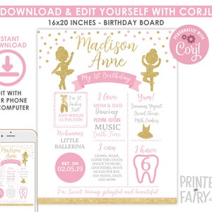 Ballerina Birthday Board, EDITABLE, Ballet Birthday Decorations, Digital Milestones Board, Any Age, INSTANT DOWNLOAD
