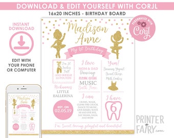 Ballerina Birthday Board, EDITABLE, Ballet Birthday Decorations, Digital Milestones Board, Any Age, INSTANT DOWNLOAD