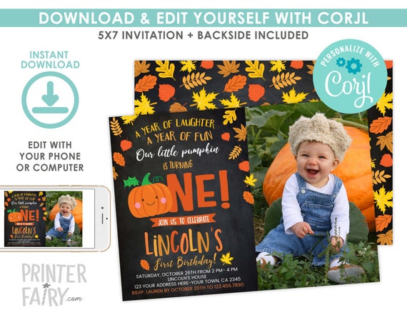 Little Pumpkin First Birthday with Photo, EDITABLE, Pumpkin Invitation, Autumn Party, DIGITAL Invitation, Pumpkin Patch, Instant Download Il_570xn