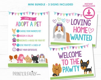 Puppy adoption party, Puppy Birthday Party, Pet Adoption Party,  Puppy printables, Digital files, 3 signs, Instant download