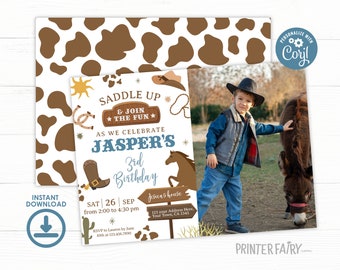 Rodeo Birthday Invitation with Photo, EDITABLE, Cowboy Birthday Party Invitation, Saddle Up and Gallop, Wild West Birthday Invite, Printable