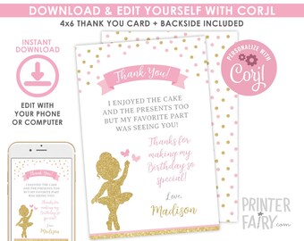 Ballerina Thank You Cards, EDITABLE Ballet Thank You Cards, Ballerina Birthday Party, INSTANT DOWNLOAD