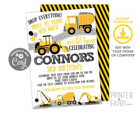 Construction Birthday, Birthday Parade, Drive By Birthday Party, Quarantine Birthday, Truck Invitation, Stay at home, INSTANT DOWNLOAD Il_570xn