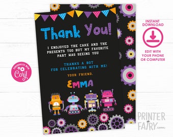 Robot Thank You Card, Robot Party, Beep Boop Party, Retro Robot, EDITABLE Thank You Note, INSTANT DOWNLOAD