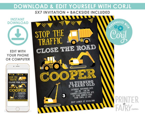 Construction Invitation, EDITABLE construction birthday invitation, Dump Truck Birthday Party, Crane, Black EDIT YOURSELF Digital Invitation Il_570xn