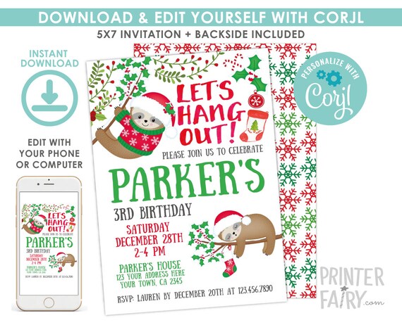 Sloth Birthday Invitation, Ugly Sweater Invitation, EDITABLE, Christmas Birthday Invitation, DIGITAL, Instant Download Il_570xn