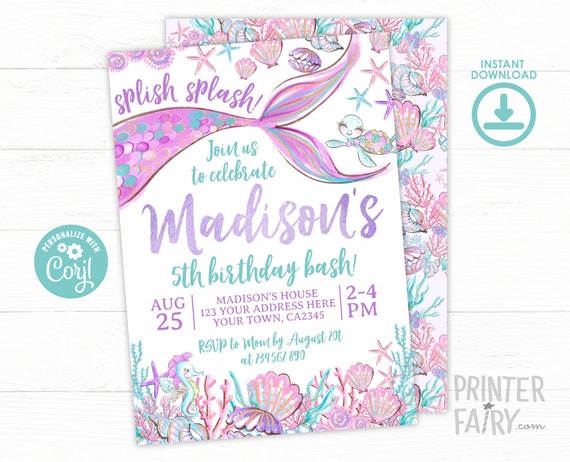 Mermaid Invitation, Under the Sea Birthday Party, Mermaid Birthday Party, Under the Sea Invitation, EDIT YOURSELF Digital Invitation Il_570xn