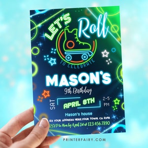 Roller Skating Birthday Invitation for Boys & Girls: Let&#39;s Roll, Neon Retro Roller Skate Party, Instant Download Template Editable on Corjl