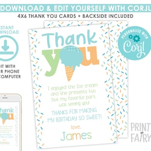 Ice Cream Thank You Cards, EDITABLE, Ice Cream Thank You Notes, EDIT YOURSELF, Ice Cream Boy Birthday, Ice Cream Party, Instant Download
