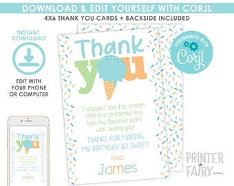 Ice Cream Thank You Cards, EDITABLE, Ice Cream Thank You Notes, EDIT YOURSELF, Ice Cream Boy Birthday, Ice Cream Party, Instant Download