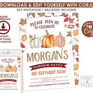 Pumpkin Patch Birthday Invitation, EDITABLE, Fall Birthday Party ...