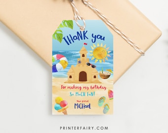 Beach Birthday Party Thank You Tags, Editable, Sand Castle Favor Cards, Summer Birthday Party Favors, Girl Beach Birthday Party Favor Tags