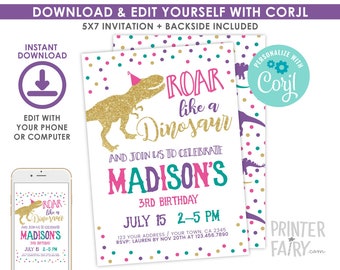 Dinosaur Girl Invitation EDITABLE, Dinosaur Birthday Invitation, Dinosaur Party, Any age, EDIT YOURSELF Digital Invite, Instant Download