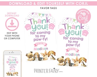 Puppy Favor Tags, Pawty Thank You Notes, Dog Birthday Party, Pet Adoption Party , Paw-ty Birthday, Dog Thank You Tag, INSTANT DOWNLOAD