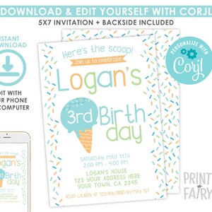 Ice Cream Birthday Invitation, Boy Birthday Invitation, Sprinkles Invitation, Ice Cream Birthday Party, EDITABLE, Instant Download image 1