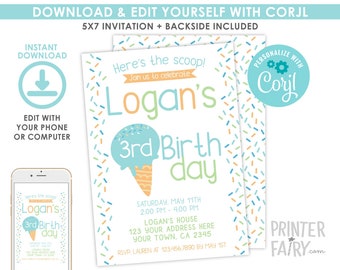 Ice Cream Birthday Invitation, Boy Birthday Invitation, Sprinkles Invitation, Ice Cream Birthday Party, EDITABLE, Instant Download