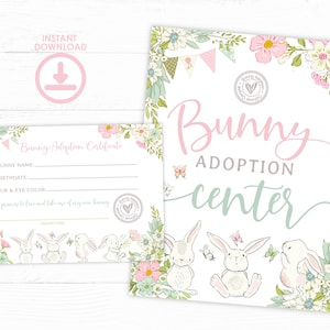 Peut inclure: Un ensemble imprimable comprenant une affiche et un certificat pour le &laquo; Bunny Adoption Center &raquo;. L'affiche pr&eacute;sente l'inscription &laquo; Bunny Adoption Center &raquo; en rose et vert, avec des illustrations de lapins et de papillons. Le certificat comporte des champs &agrave; remplir.