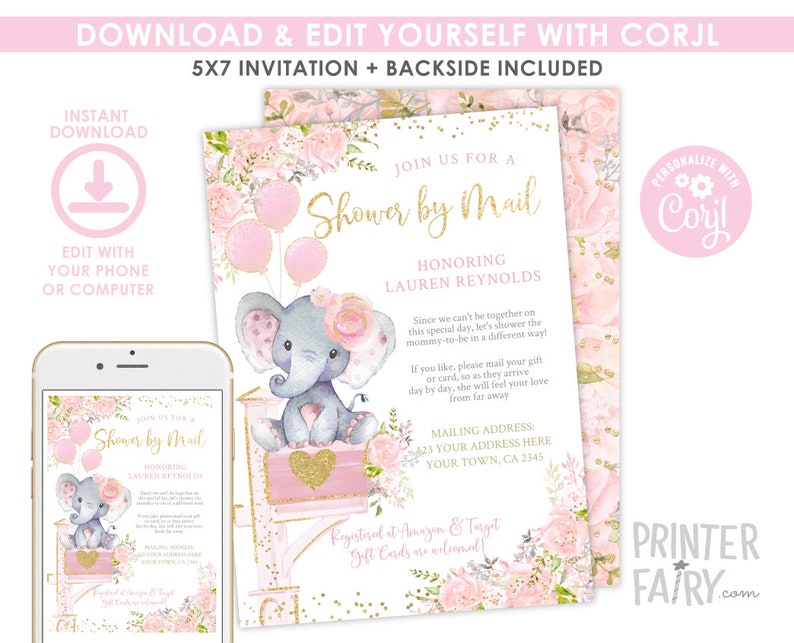 Baby Shower by Mail Invitation EDITABLE Elephant Baby Shower Etsy