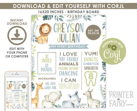 Safari Birthday Board, EDITABLE, Jungle Birthday Board, EDIT YOURSELF Digital Birthday Board, Safari Sign, Any Age, Instant Download Il_570xn