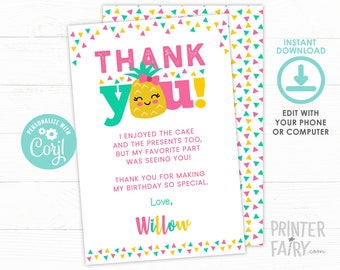 Pineapple Thank You Card, EDITABLE, Pineapple Birthday Party, Luau Thank You Notes, Pineapple Birthday, EDIT YOURSELF, Instant Download