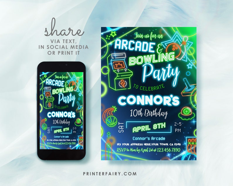 Neon Arcade Bowling Birthday Party Invitation: Editable Corjl (Digital Item) image 4