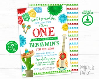 Fiesta First Birthday Party Invitation, EDITABLE Mexican Fiesta Invitation, Fiesta Decorations Cinco de Mayo Birthday Time To Siesta Mexican