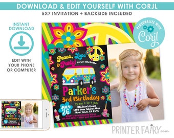 Invito di compleanno hippie modificabile con foto, Pace e Amore (Download digitale)