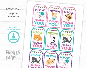 Kitten Favor Tags, Cat Birthday Party, Cat Thank You Tags, Cat adoption birthday, Kitty birthday, Digital files, Instant download