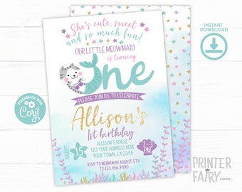 Meowmaid 1st Birthday Invitation, Mercat Invitation, EDITABLE Mermaid Invitation, Cat Birthday Invitation, INSTANT DOWNLOAD