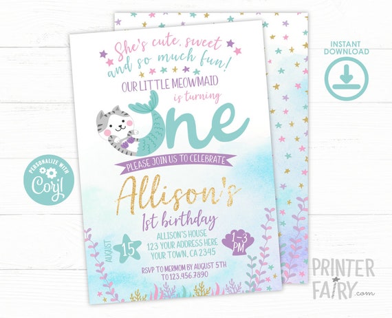 Meowmaid 1st Birthday Invitation, Mercat Invitation, EDITABLE Mermaid Invitation, Cat Birthday Invitation, INSTANT DOWNLOAD Il_570xn
