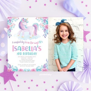 Unicorn Birthday Invitation Editable Template with Photo, Magical Birthday Party, Floral Unicorn Party Invite, Instant Download