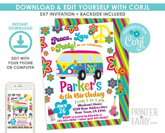 Hippie Birthday Invitation, EDITABLE, 60s Party Invitation, Summer Party, Peace and Love, EDIT YOURSELF Digital Invitation, Instant Download Il_570xn