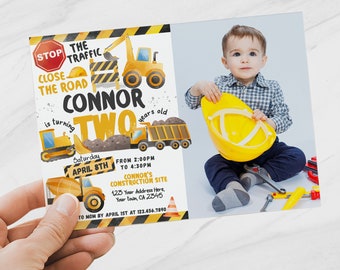 Editable Construction Party Invitation with photo, Truck Second Birthday Party Theme, Construction Truck & Dump Everything, Instant Download