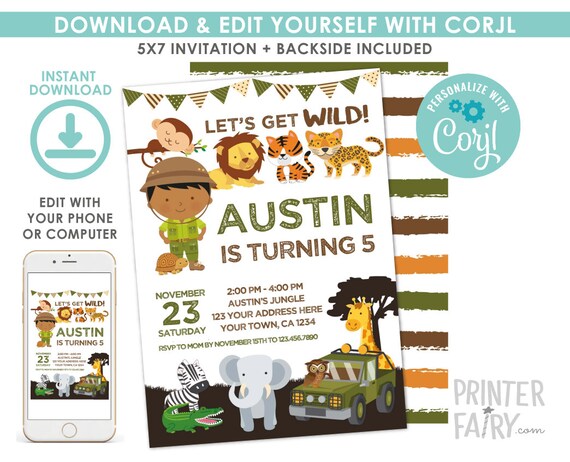 Safari Invitation, Jungle Birthday Invitation, EDITABLE, Safari Party, Outdoor Birthday, Digital Printable Invitation, Instant Download Il_570xn