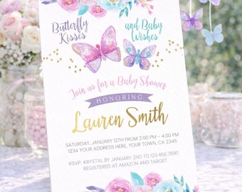 Butterfly Baby Shower Invitation, Spring Floral Girl Invite (Digital Download)