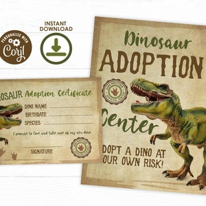 Dinosaur Adoption Certificate, EDITABLE, Dinosaur Birthday Party, Adopt a Dinosaur, T-rex Birthday, Dinosaur Party, INSTANT DOWNLOAD image 1