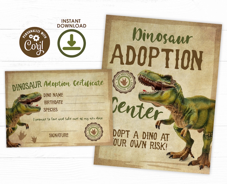 Dinosaur Adoption Certificate, EDITABLE, Dinosaur Birthday Party, Adopt a Dinosaur, T-rex Birthday, Dinosaur Party, INSTANT DOWNLOAD image 1