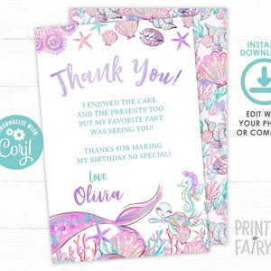 EDITABLE, Mermaid Thank You Cards, Under the Sea Birthday Party, Mermaid Birthday Party, Under the Sea Thank You Notes, INSTANT DOWNLOAD image 1