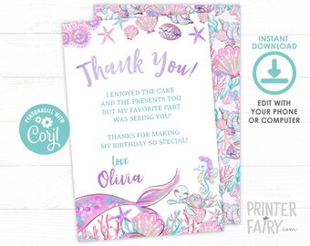 EDITABLE, Mermaid Thank You Cards, Under the Sea Birthday Party, Mermaid Birthday Party, Under the Sea Thank You Notes, INSTANT DOWNLOAD