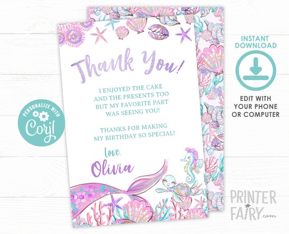 PERSONALISED MERMAID THANK YOU NOTES CARDS BIRTHDAY PARTY CHILDREN GIRLS MER8