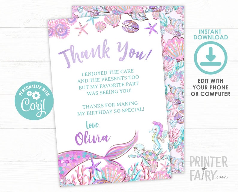 EDITABLE, Mermaid Thank You Cards, Under the Sea Birthday Party, Mermaid Birthday Party, Under the Sea Thank You Notes, INSTANT DOWNLOAD image 1