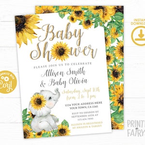 Elefant-Sonnenblumen-Babypartyeinladung, EDITIERBAR, Blumen-Babyparty, Elefant-Babypartyeinladung, INSTANT-DOWNLOAD