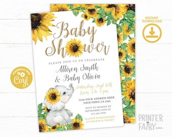 Elephant Sunflower Baby Shower Invitation, EDITABLE, Floral Baby Shower, Elephant Baby Shower Invitation, INSTANT DOWNLOAD