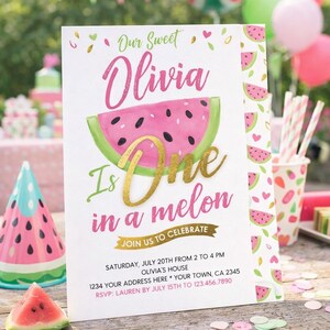 Plantilla editable de invitación de primer cumpleaños "One in a Melon" (Descarga instantánea) imagen 1