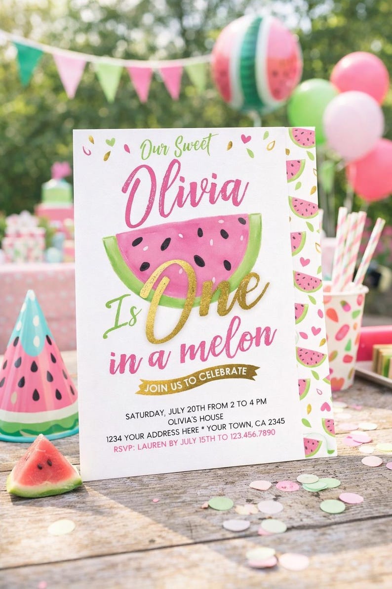 Plantilla editable de invitación de primer cumpleaños "One in a Melon" (Descarga instantánea) imagen 1