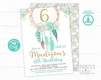 Dreamcatcher Blue Birthday Invitation, EDITABLE, Tribal Birthday Invite, Dream catcher Invitation, INSTANT DOWNLOAD