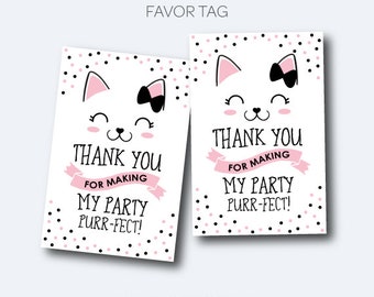 Kitten Favor Tags, Kitty Cat Birthday Party, Printable Thank You Tags, Pet adoption party, Black and Pink, INSTANT DOWNLOAD