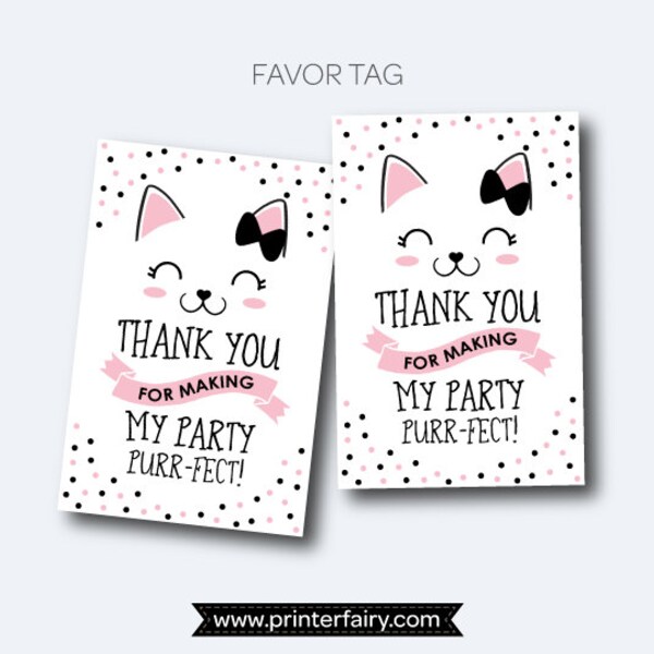 Kitten Favor Tags, Kitty Cat Birthday Party, Printable Thank You Tags, Pet adoption party, Black and Pink, INSTANT DOWNLOAD