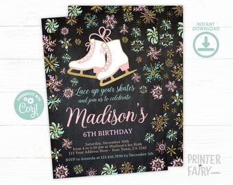 EDITABLE Ice Skating Birthday Invitation Chalboard, Winter Birthday Party, Snowflake Invitation, EDIT YOURSELF Digital Invite